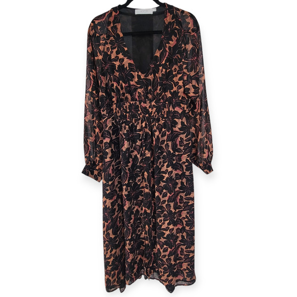 ASTR The Label Floral Smocked V-Neck Long Sleeve Dress Black/Coral Women Sz L - Picture 2 of 16